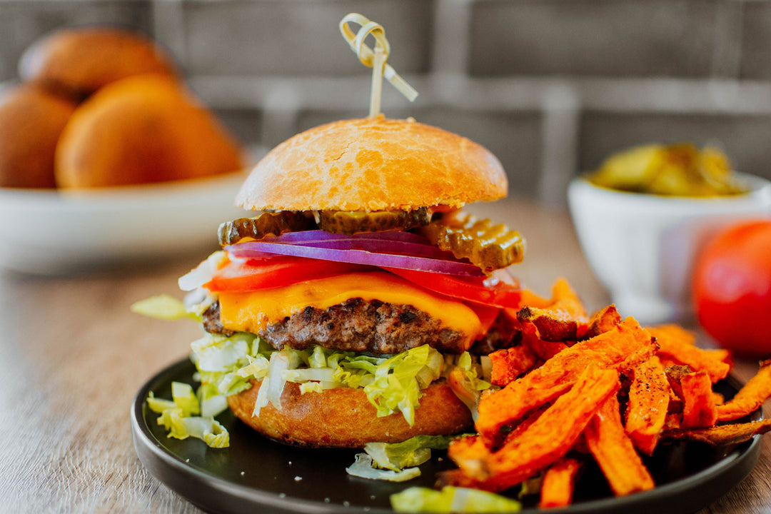 cheeseburger on a plate with fries