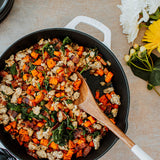 turkey bacon sweet potato hash in a skillet