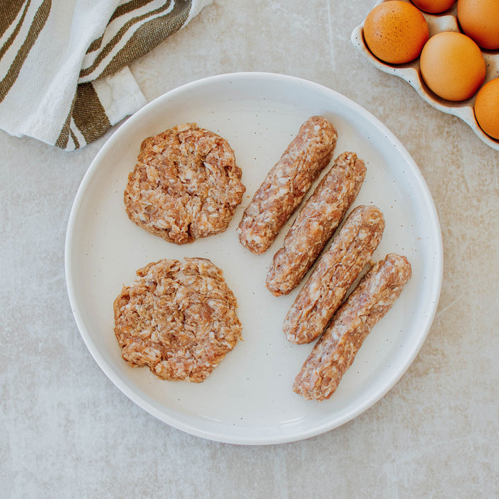 organic pork breakfast sausage formed into patties and links