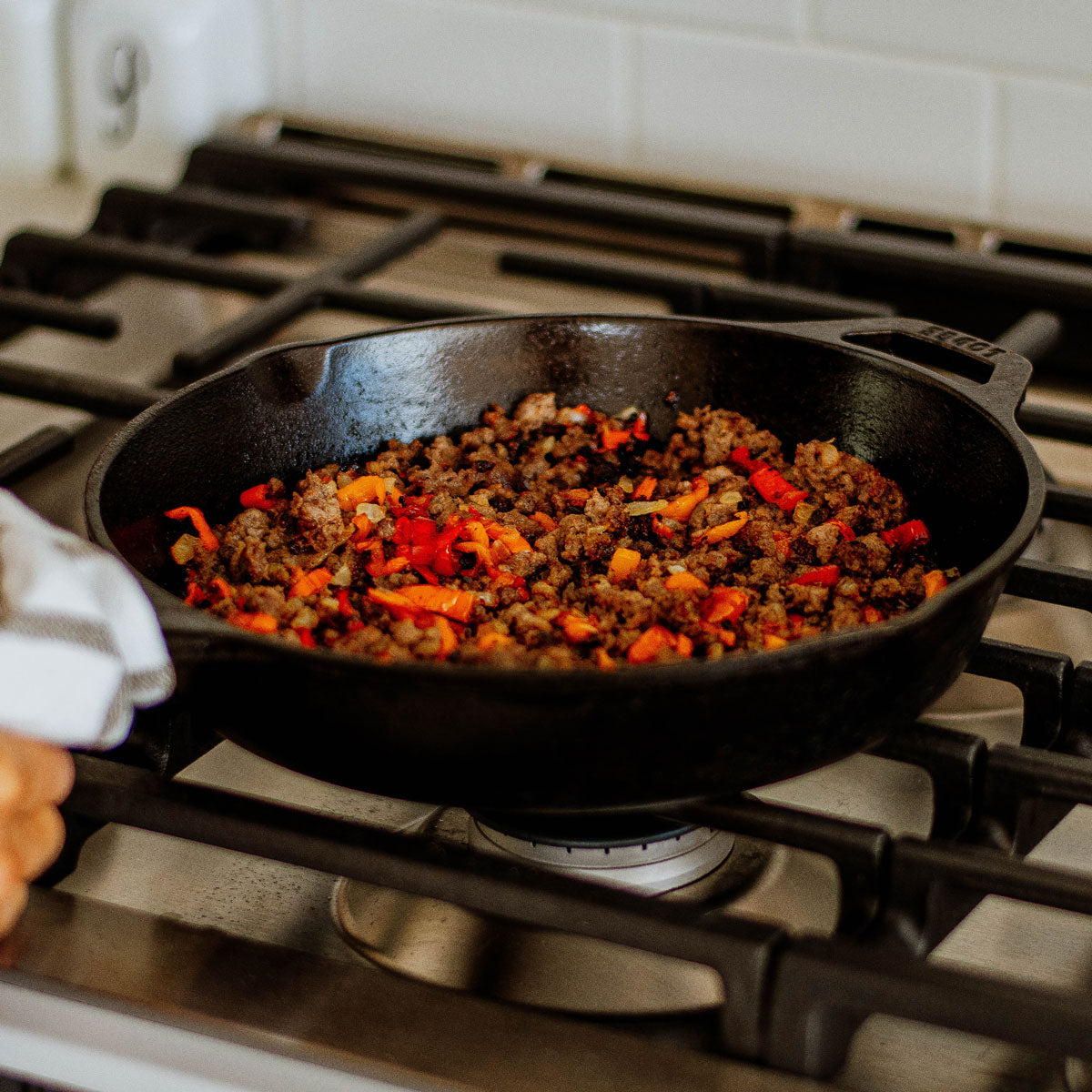 organic ground pork in a skillet